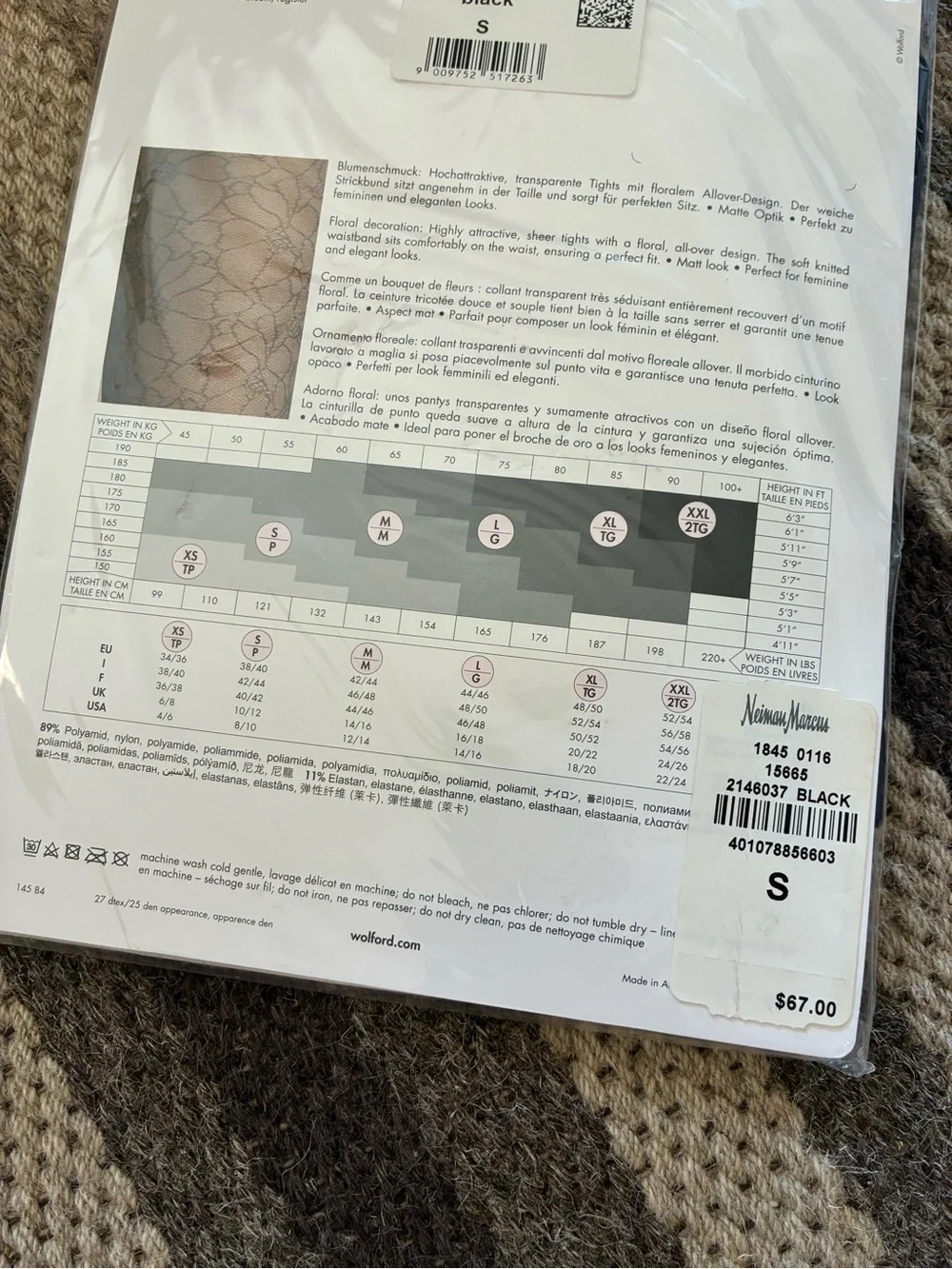Wolford Women’s Melina Tights Size S in Black Sheer Floral Print NIP